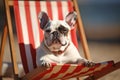 French Bulldog dog in deck chair at beach. Generative AI Royalty Free Stock Photo