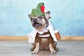 French Bulldog dog dressed up with funny traditional Bavarian `Oktoberfest` costume with Lederhosen pants, tirol hat and mug Royalty Free Stock Photo