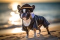 French Bulldog dog dressed up in pirate costume at beach. Generative AI