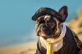 French Bulldog dog dressed up in pirate costume. Generative AI