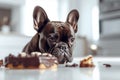 French Bulldog dog eating birthday cake with chocolate on kitchen table.