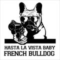 French Bulldog dog with glasses, gun and cigar - French Bulldog gangster. Head of angry French Bulldog