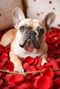 French bulldog dog lying in bed full of red rose flower petals as background AI generated