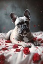 French bulldog dog lying in bed full of red rose flower petals as background AI generated