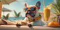 French bulldog dog in sunglasses sits on a deck chair with a cocktail on beach. The concept of a summer holiday by the sea. Royalty Free Stock Photo