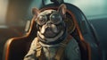 french bulldog dog wearing aviator helmet and goggles in vintage aircraft cockpit Royalty Free Stock Photo