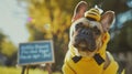 French Bulldog dog wearing bee costume with demonstration sign. Generative Ai Royalty Free Stock Photo