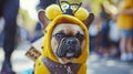 French Bulldog dog wearing bee costume with demonstration sign. Generative Ai Royalty Free Stock Photo