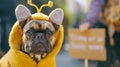 French Bulldog dog wearing bee costume with demonstration sign. Generative Ai Royalty Free Stock Photo