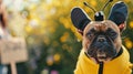 French Bulldog dog wearing bee costume with demonstration sign. Generative Ai Royalty Free Stock Photo