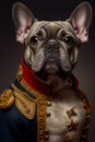 French Bulldog dog wearing military army uniform, service dog, creative headshot portrait. Generative AI