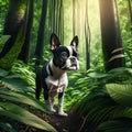 French bulldog in the green forest. A small dog walks in the forest. Generative AI
