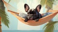 French bulldog in a hammock in the jungle. illustration Generative AI