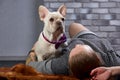 French bulldog on the hands of his master. It is felt that the girl loves her pet and hugs and kiss him tightly.