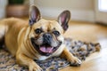 french bulldog with a happy snort, lying on a soft rug