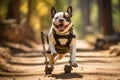 French Bulldog in a harness wheelchair on a forest trail. Concept of animal mobility, adaptive pet equipment, and Royalty Free Stock Photo