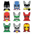 French bulldog heroes in in color icons set