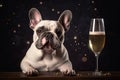 French Bulldog holding champagne glass in his hand. generative AI.
