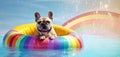 French bulldog inside a rainbow inflatable swimming pool ring in swiming pool. Horizontal banner. The concept of a summer holiday Royalty Free Stock Photo