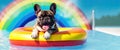 French bulldog inside a rainbow inflatable swimming pool ring in swiming pool. Royalty Free Stock Photo