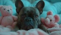 A French Bulldog lying amidst pink stuffed toys, looking directly at the camera