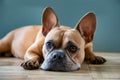 French bulldog lying on the floor and watches his surroundings