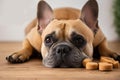 French bulldog lying on the floor and watches his surroundings