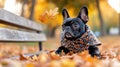 French bulldog in a patterned scarf watching a falling leaf in a cozy park surrounded by fallen leaves Royalty Free Stock Photo
