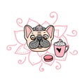 French Bulldog Princess cute girl with crown. Cozy mood, coffe cup and macaroon isolated on white. Vector hand drawn.