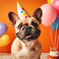 a French bulldog puppy in a birthday hat sits on a white background. the concept of funny adorable pets