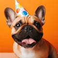 a French bulldog puppy in a birthday hat sits on a white background. the concept of funny adorable pets
