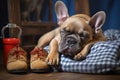 a french bulldog puppy sleeping next to a pair of slippers