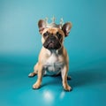 French Bulldog puppy wearing golden king crown on his head, in center of blue square background. Royal breed, king dog.