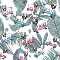 French Bulldog on skateboard and tropical leaves seamless pattern