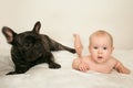 French bulldog with a small child baby surprised lying on my bed