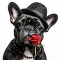 A French Bulldog,smiling,wearing hat,happy expression,Valentine concept,close-up,white background,isolated,Generated AI