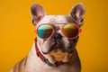 French bulldog with sunglasses on colorful background.