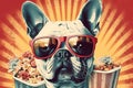 french bulldog with sunglasses and popcorn, surreal collage with vintage style. Generative AI