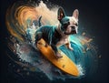french bulldog surf skate in the sea. abstract style.