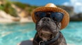 french bulldog wearing a hat on the beach