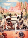 French Bulldogs riding in 1960 convertible Cadillac desert scenery Las Vegas Generative AI