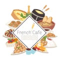 French cafe food menu vector illustration. French cheese, fondue, onion soup, truffles, croissants with cup of coffee