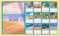 French calendar 2025. Colorful monthly calendar with various southern landscapes. Week starts on Monday