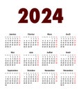 French Calendar grid bold digits for 2024. MF