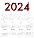 French Calendar grid regular digits for 2024. MF
