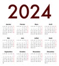 French Calendar grid regular digits for 2024. MF