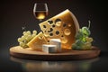 French Cheese Platter. Selection of fine French cheeses, arranged on a wooden plate with grapes and a glass of white wine. Ai Royalty Free Stock Photo