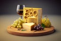 French Cheese Platter. Selection of fine French cheeses, arranged on a wooden plate with grapes and a glass of white wine. Ai Royalty Free Stock Photo