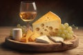 French Cheese Platter. Selection of fine French cheeses, arranged on a wooden plate with grapes and a glass of white wine. Ai Royalty Free Stock Photo