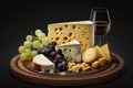 French Cheese Platter. Selection of fine French cheeses, arranged on a wooden plate with grapes and a glass of white wine. Ai Royalty Free Stock Photo